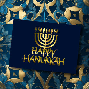 Ouro Menorah Chama Feliz Cartão Hanukkah