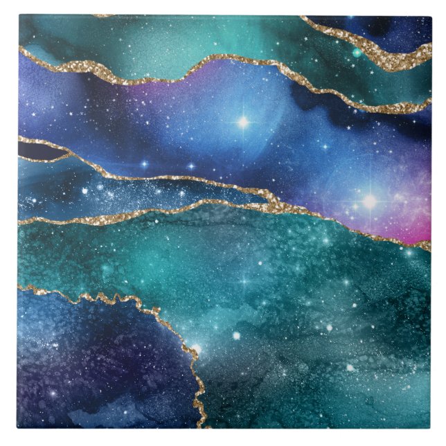 Ouro moderno de galáxias geodo azul verde (Frente)