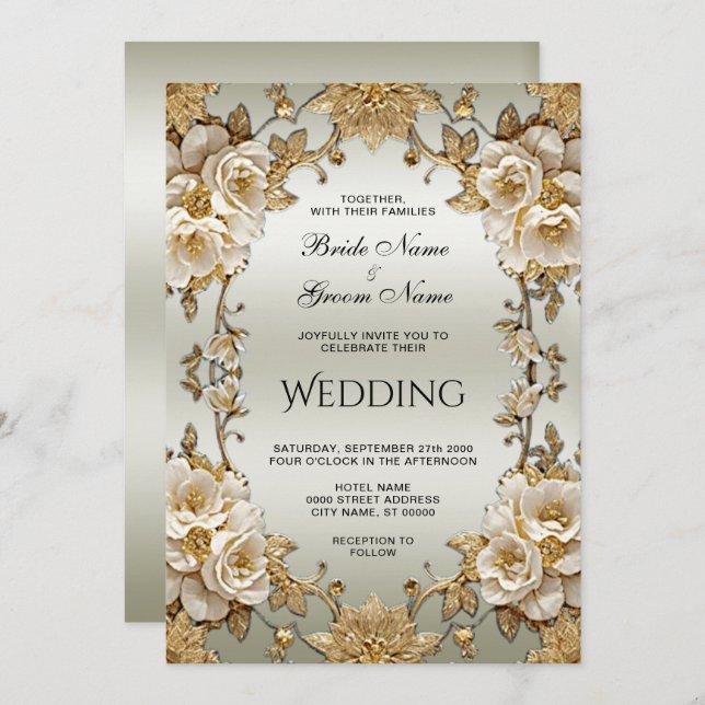 Ouro Ornamentado Flores Brancas Convite De Casamen (Frente/Verso)
