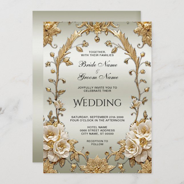 Ouro Ornamentado Flores Brancas Convite De Casamen (Frente/Verso)