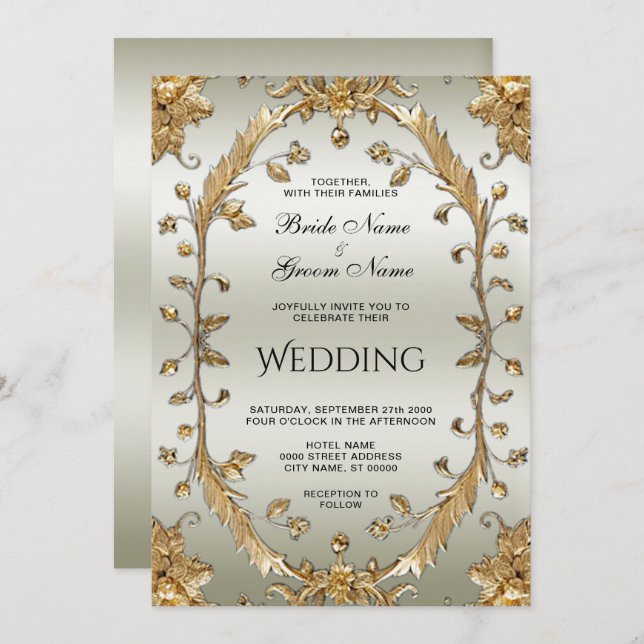 Ouro Ornamentado Flores Convite De Casamento (Frente/Verso)