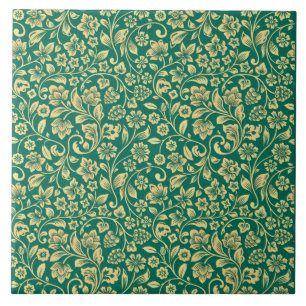 Ouro Padrão Floral e Azulejo de Fundo Turquesa