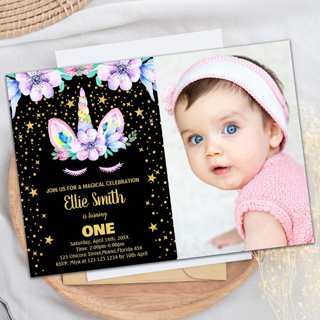 Ouro Preto Unicorn Convites de Aniversário com fot (Golden Black Unicorn Birthday Invitations w photo)