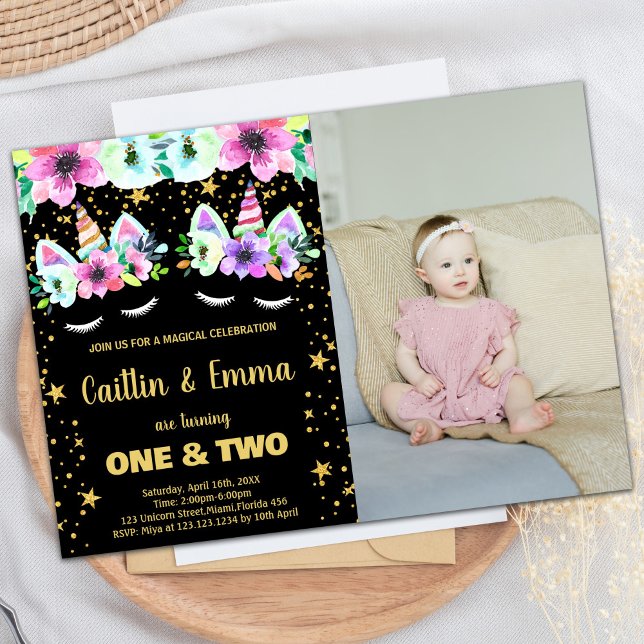 Ouro Preto Unicorn Convites de Aniversário com fot (Golden Black Unicorn Birthday Invitations w photo)