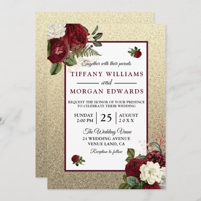Ouro Romântico Burgundy Convite de casamento Flora (Frente/Verso)