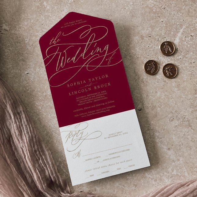 Ouro Romântico Caligrafia Borgonha O Casamento De  (Romantic Gold Calligraphy Burgundy The Wedding Of All In One Invitation)
