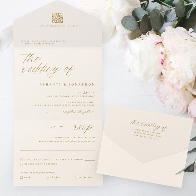 Ouro Romântico Marfim Casamento Escrita Delicada (Modern Romantic Wedding Invitation - All in One - Gold and Ivory)