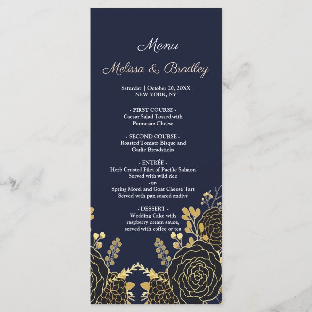 Ouro Romântico Marinho azul Menu Casamento (Frente)