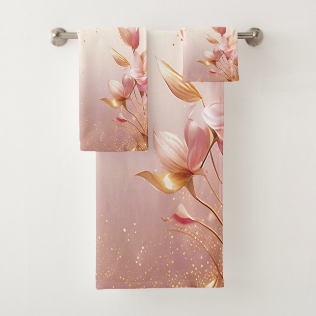 Ouro Rosa Deixa Conjunto Floral De Toalhas (Insitu)