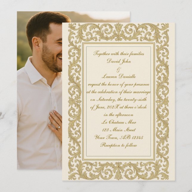 Ouro Royal Scrolls Foto Convite para Casamento (Frente/Verso)