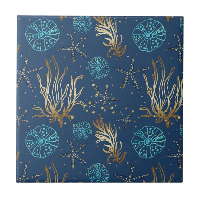 Ouro Starfish e Coral Reef Patterno em Azul (Frente)