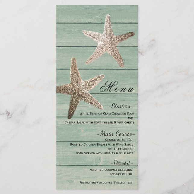 Ouro Starfish & Wood Elegant Beach Menu Card (Frente)