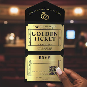 Ouro Tíquete Preto e Código QR Dourado Casamento
