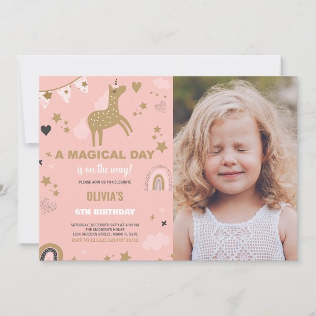 Ouro Unicorn Convite de Aniversário com foto (Frente)