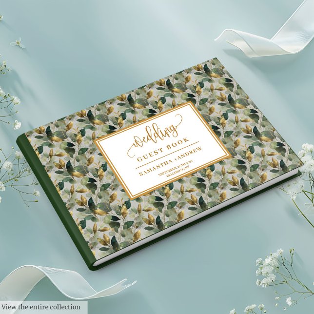 Ouro verde eucalipto livro de convidados (Golden sage green eucalyptus wedding guest book design)