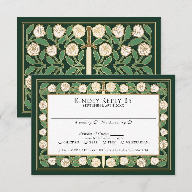 Ouro Verde Floral Espada Casamento Real RSVP (Frente/Verso)