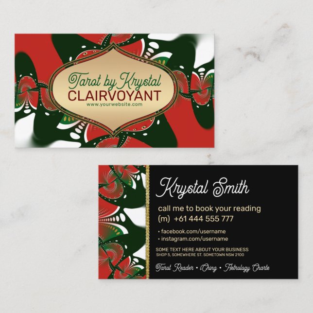 Ouro Verde Vermelho Deusa Tarot Cartões de visitas (Frente/Verso)
