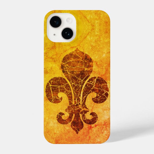 Ouro Vintage Fleur De Lis iPhone 14 Caso (Verso)