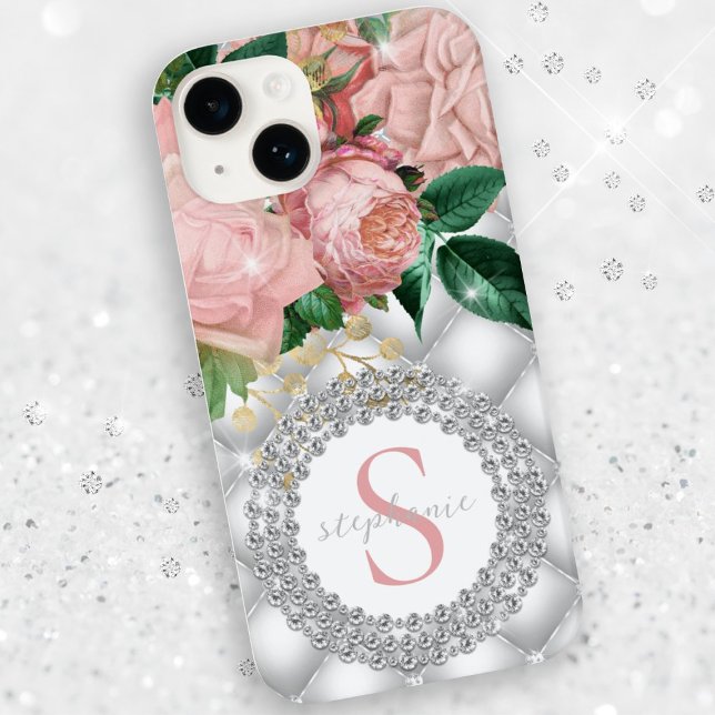 Ouros Monogramas Rosas Rosa Bling Espontado (Diamonds Monogram Pink Roses Sparkly Bling Tufted Case-Mate iPhone Case)