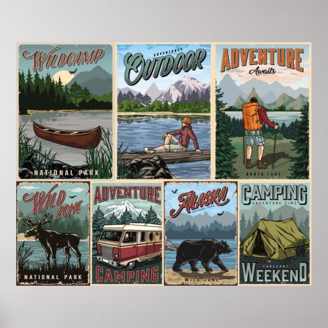 Outdoor recreation vintage posters set with canoe  (Frente)