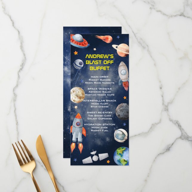 Outer Space First Birthday Menu (Frente/Verso In Situ)