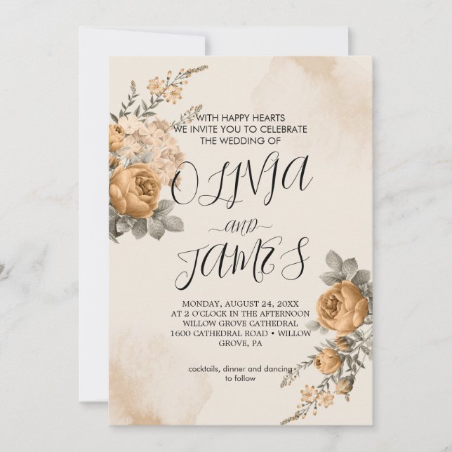 Outono Boho Flores | Convite de Casamento Moderno (Frente)