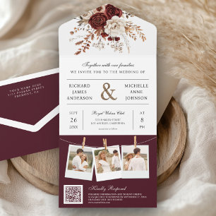 Outono Floral Borgonha Código QR de Foto Casamento
