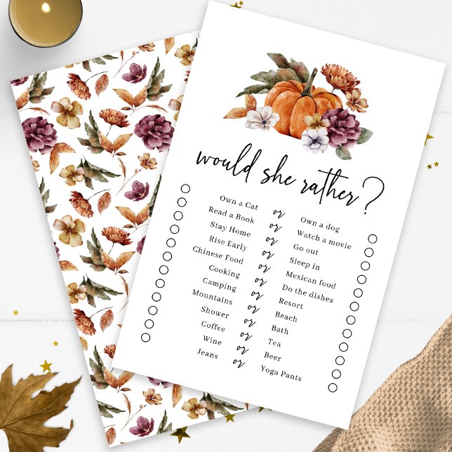 Outono Jogo "Ela de Preferência" (Fall Would She Rather Game Fall In Love Bridal Shower Pumpkin Florals by Painted Paperie)