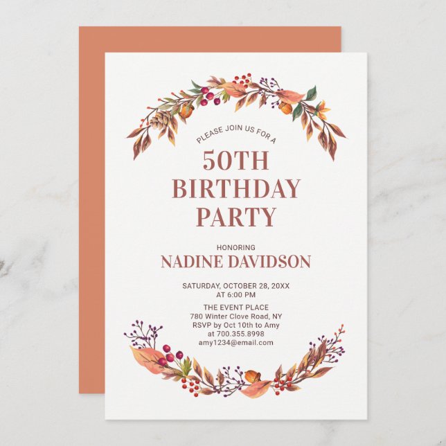 Outono/outono Floral 50º Convite de aniversário (Frente/Verso)