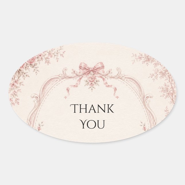 Oval Adesivo de casamento com laço rosa Toile francesa  (Frente)