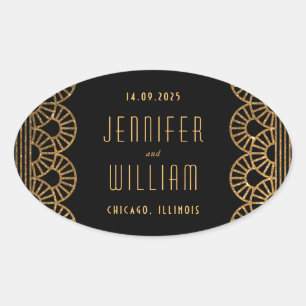 Oval Adesivo de casamento estilo Art Déco dourado e pre