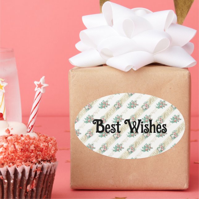 Oval Adesivo de Desejos de Felicidades - Padrão de Rosa (Festa)