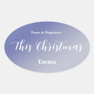 Oval Adesivo de Natal Personalizado com Purpurina Azul