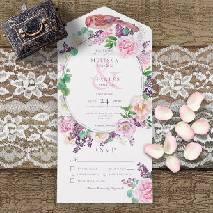 Oval Floral Lilás e Rosa Tudo em Um Convite de cas