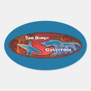 Oval San Diego California surfer ondas adesivo azul de 
