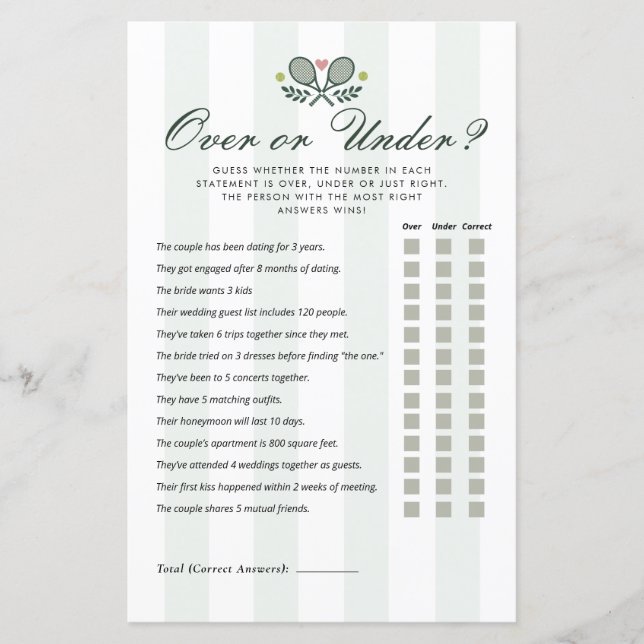 Over or Under Perfect Match Bridal Shower Game (Frente)