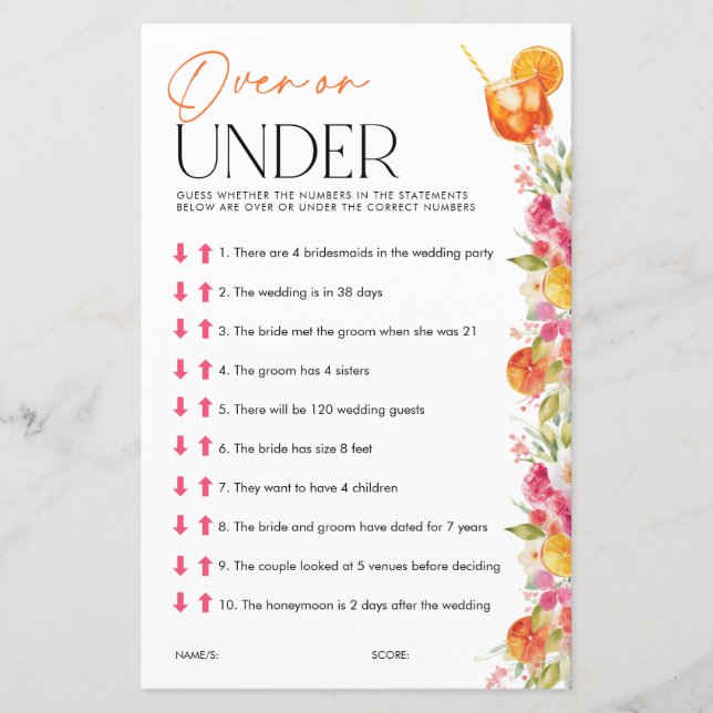 Over or Under Spritz Bridal Shower Games (Frente)