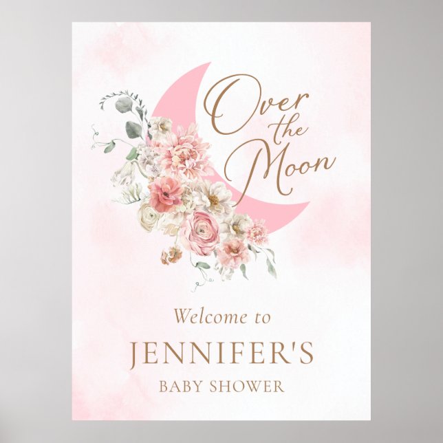 Over the Moon Pink Baby Shower Welcome Poster (Frente)
