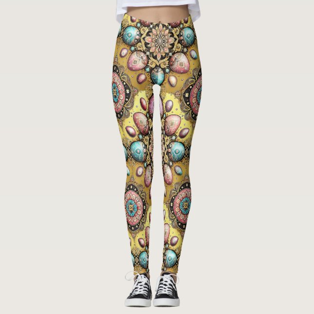 OVOS DE PÁSCOA ~ Dourado Azul Rosa 3D~ Leggings (Frente)