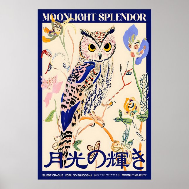 Owl Art Poster Japanese Typography, Moonlight (Frente)