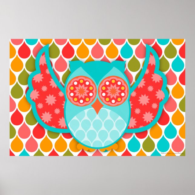 Owl Boheme Red & Teal Art Poster (Frente)