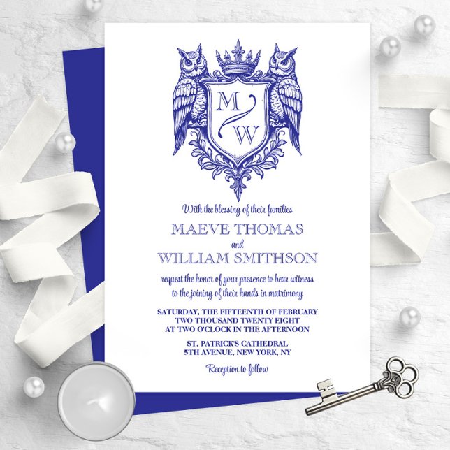 Owl Crest Royal Monogram Wedding Invitation (Criador carregado)