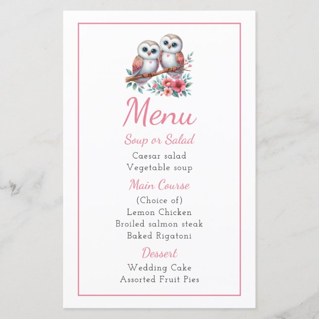 Owl Woodland Boho Rustic Country Wedding Menu (Frente)