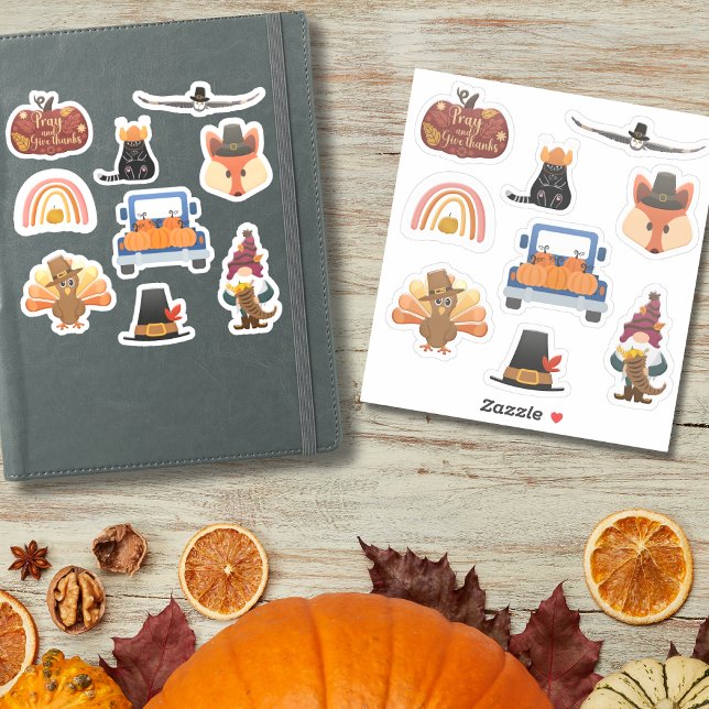 Pacote de Ação de Graças 1 com 9 designs- adesivos (Thanksgiving Pumpkins, Turkey, Pilgrim Hat & Fall Sticker)