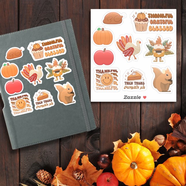 Pacote de Ação de Graças 3 com 9 designs- adesivos (Thanksgiving – Turkey, Pumpkins, Pie & Fall Quotes Sticker)