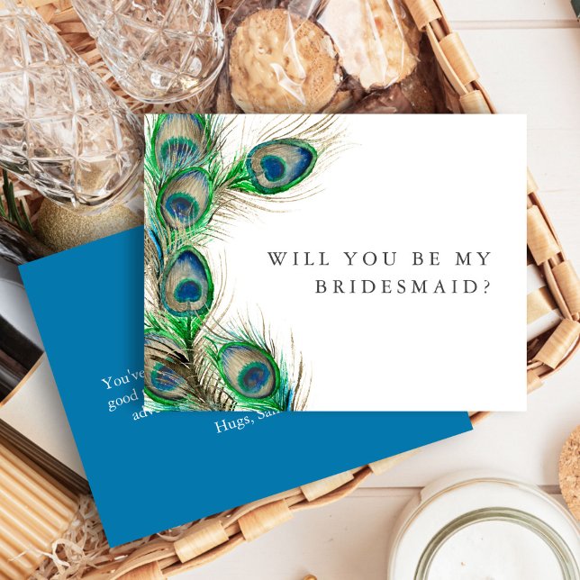 Pacote de Cartões de Proposta Personalizados da Br (bridesmaid proposal card features watercolor peacock feather art by Victoria Grigaliunas)