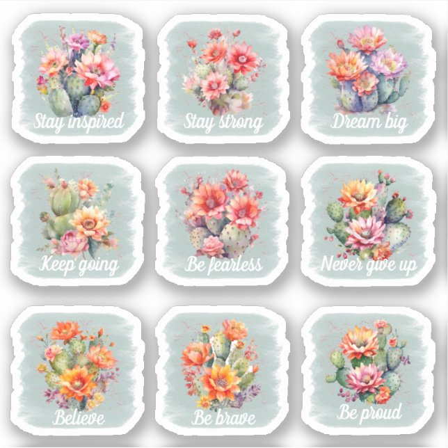 Pacote do adesivo de cactos motivacional (Frente)