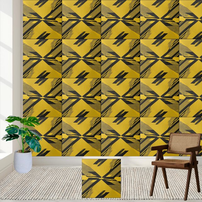 Padrão abstrato Geométrico Preto e Amarelo (Abstract Geometric Black and Yellow Pattern Ceramic Tile)