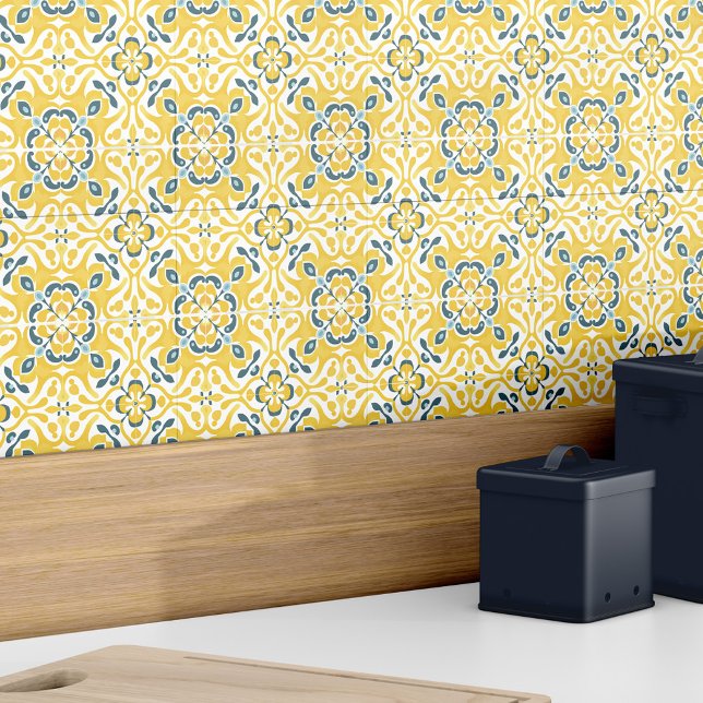 Padrão Azulejo Amarelo-Elegante moderno (Modern Elegant Yellow Teal Spanish Azulejo Pattern Ceramic Tile)