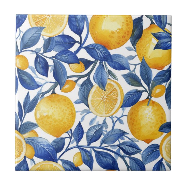 Padrão Azulejo Lemons Blue Leaves (Frente)